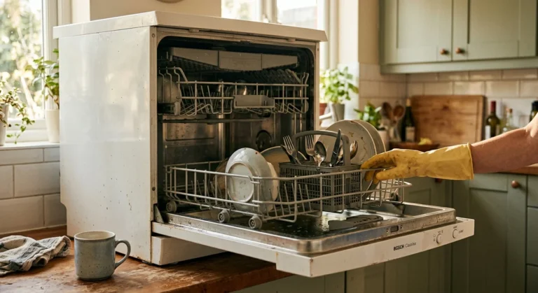 An open, slightly worn domestic dishwasher in a warm-toned kitchen with natural afternoon light.