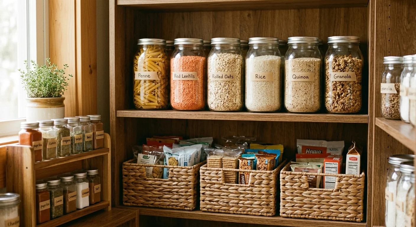 An organized pantry shelf featuring glass jars with simple labels, woven wicker baskets, and a spice riser in warm golden hour light.