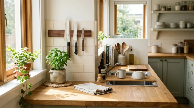 An organized small kitchen with clean wood countertops, a wall-mounted magnetic knife strip, and warm morning light.