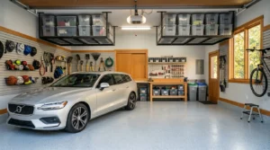 An organized two-car garage with a parked car, clean grey epoxy floors, wall-mounted tool organizers, and overhead steel storage racks.