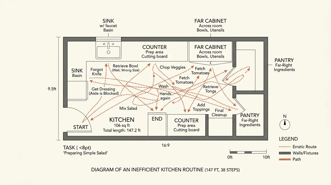 An overhead kitchen floor-plan diagram with a dotted terracotta line tracing a chaotic, zigzag path of wasted steps during a routine.