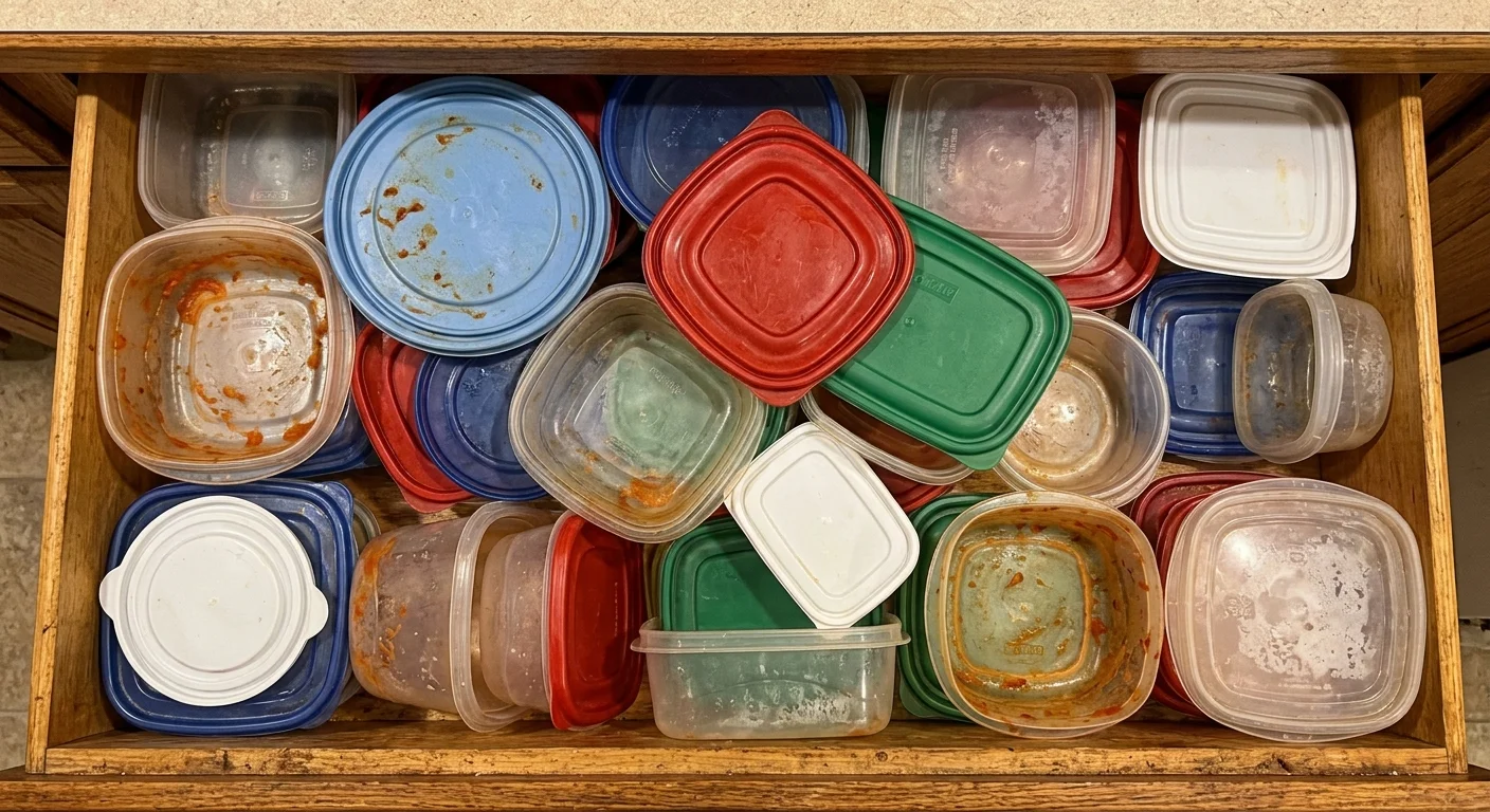 An overhead photo of a messy kitchen drawer stuffed with mismatched plastic containers and stained lids.