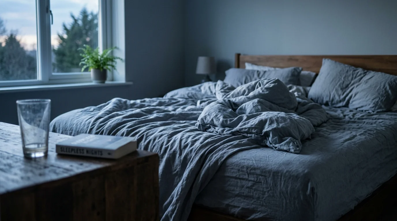 An unmade bed with tangled gray sheets and a crumpled duvet in the cool, soft light of early morning.