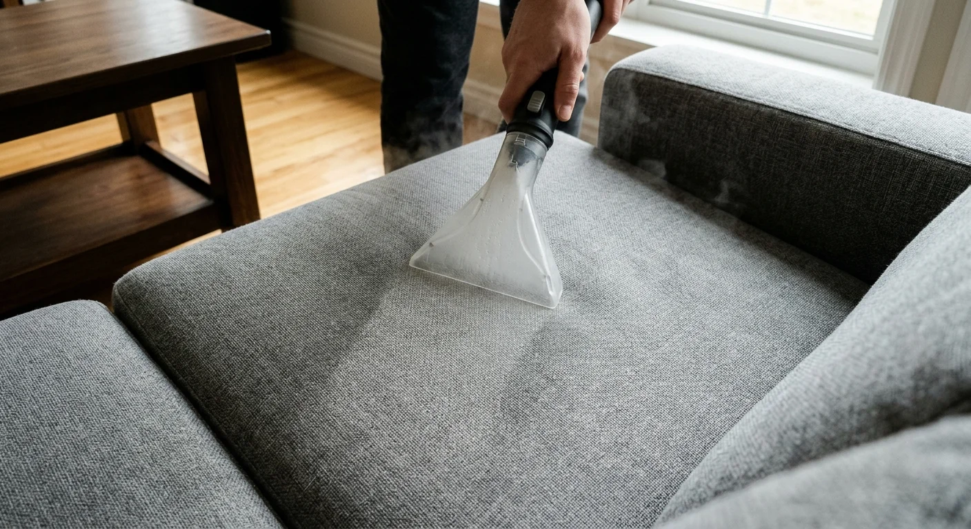 An upholstery steam tool sanitizing a grey fabric sofa cushion in a sunlit living room.