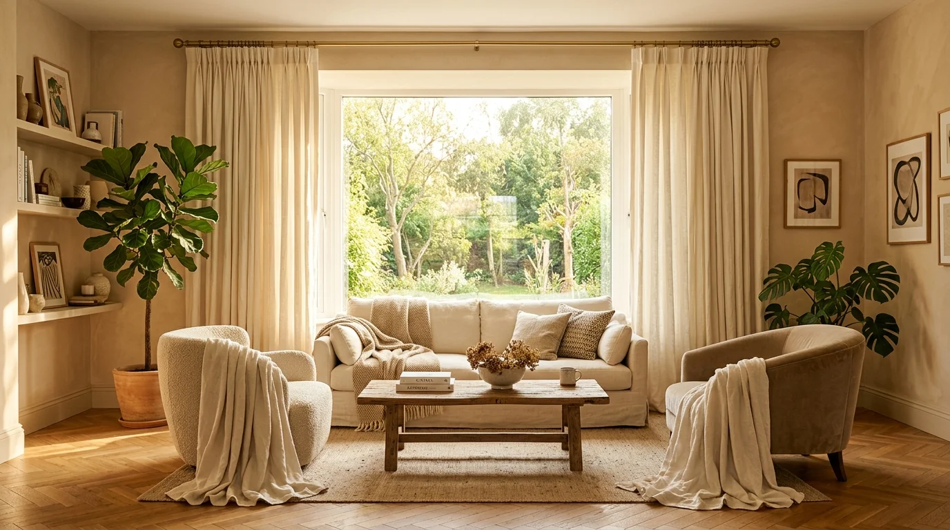 Beautifully proportioned linen curtains framing a sunny, warm living room window with deep drapery folds.