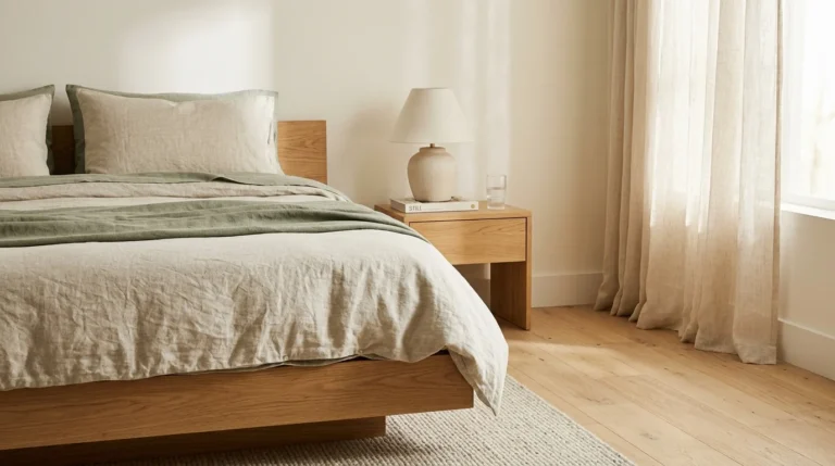 Neatly made wooden bed with neutral linen bedding beside a wood nightstand with a table lamp and sheer curtains.