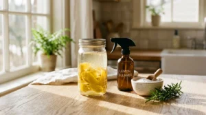 Bright kitchen counter with a glass jar of lemon peels, an amber spray bottle, and baking soda in a ceramic bowl.