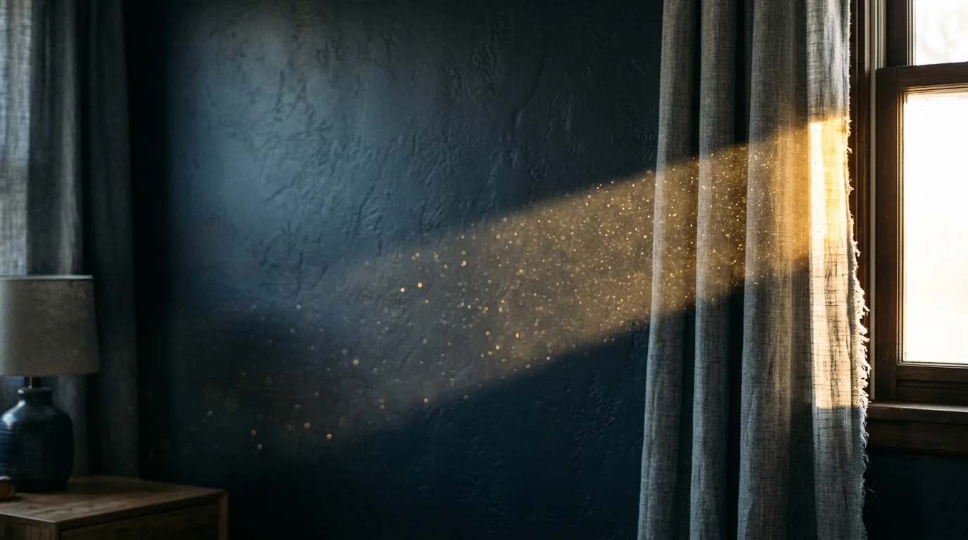 Bright morning sunlight leaking through a gap on the outer edge of a narrow grey curtain panel.