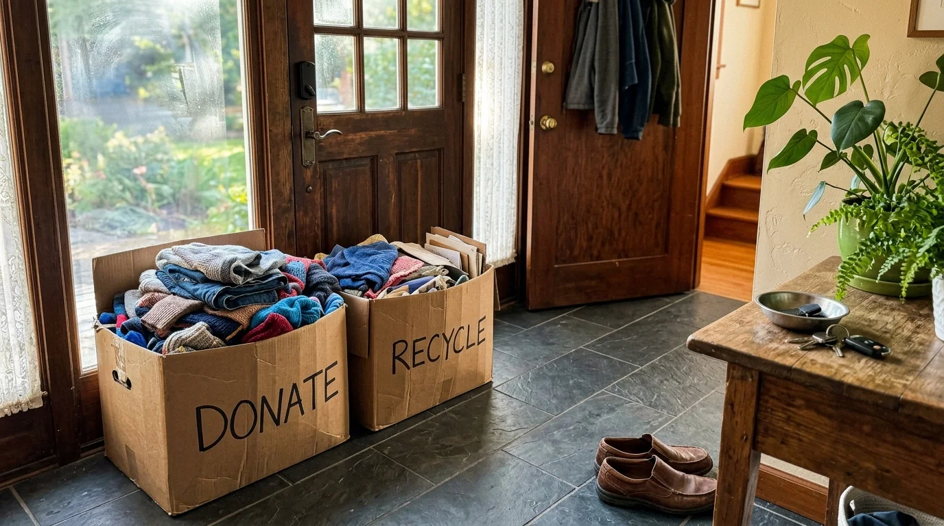 Cardboard boxes labeled 'DONATE' and 'RECYCLE' filled with clothes sitting by a front door, ready for removal.