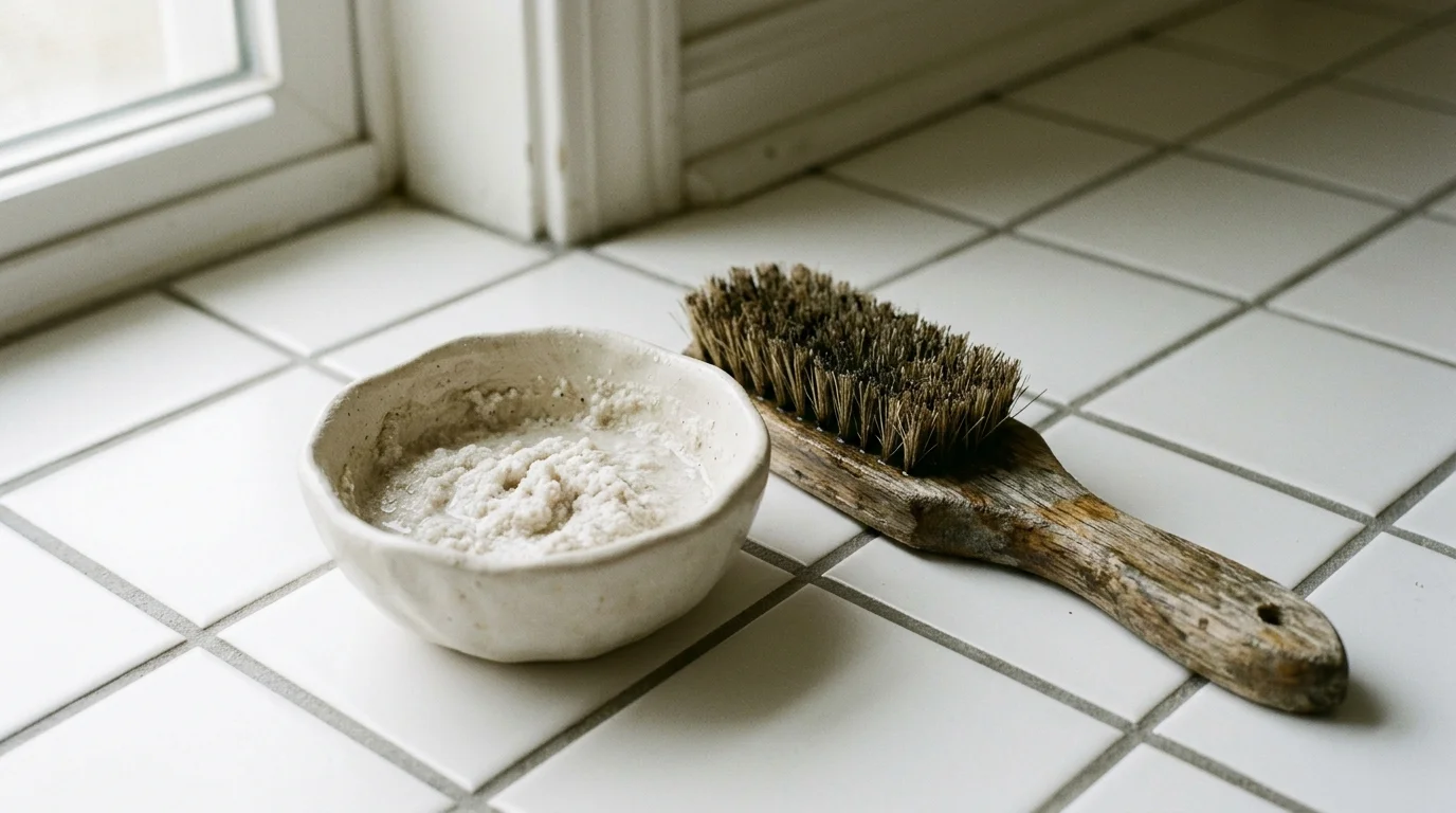 Ceramic bowl with thick baking soda paste and a wooden scrub brush on a white tiled floor.