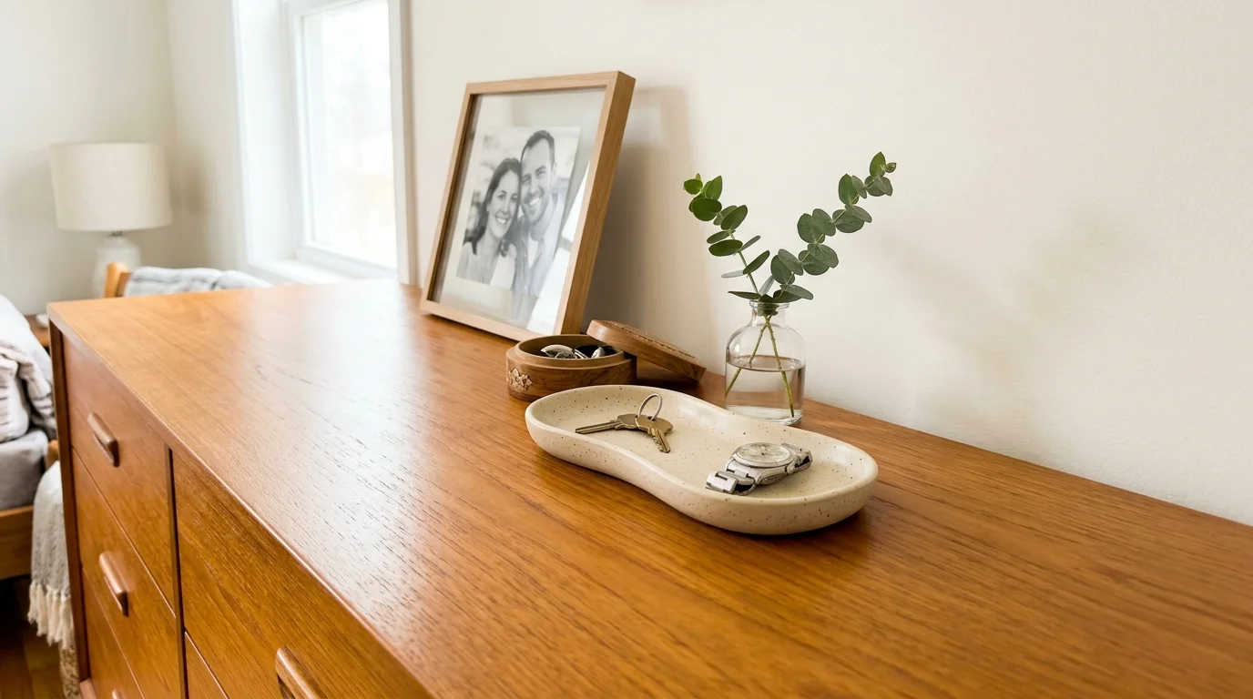 Organized wooden dresser top with a small tray holding keys and a watch, a framed photo, and a sprig in a vase.