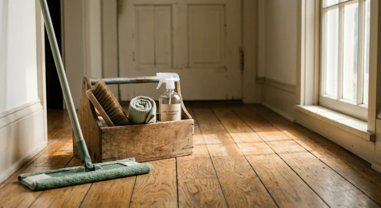 A flat microfiber mop and a wooden caddy with cleaning supplies sit on a rustic hardwood floor.