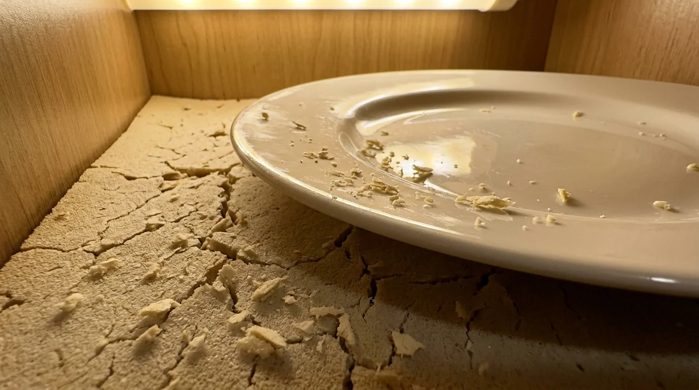 Close-up of a cracked, flaking beige foam shelf liner shedding tiny debris onto a clean white ceramic plate inside a wooden cabinet.