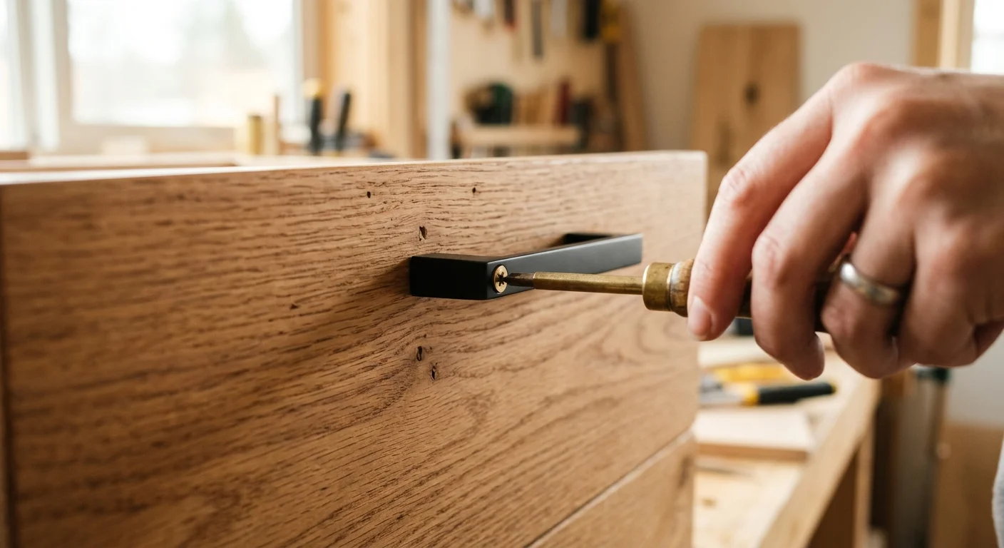 Close-up of a hand installing a modern matte black drawer pull on a warm oak dresser drawer with a screwdriver.