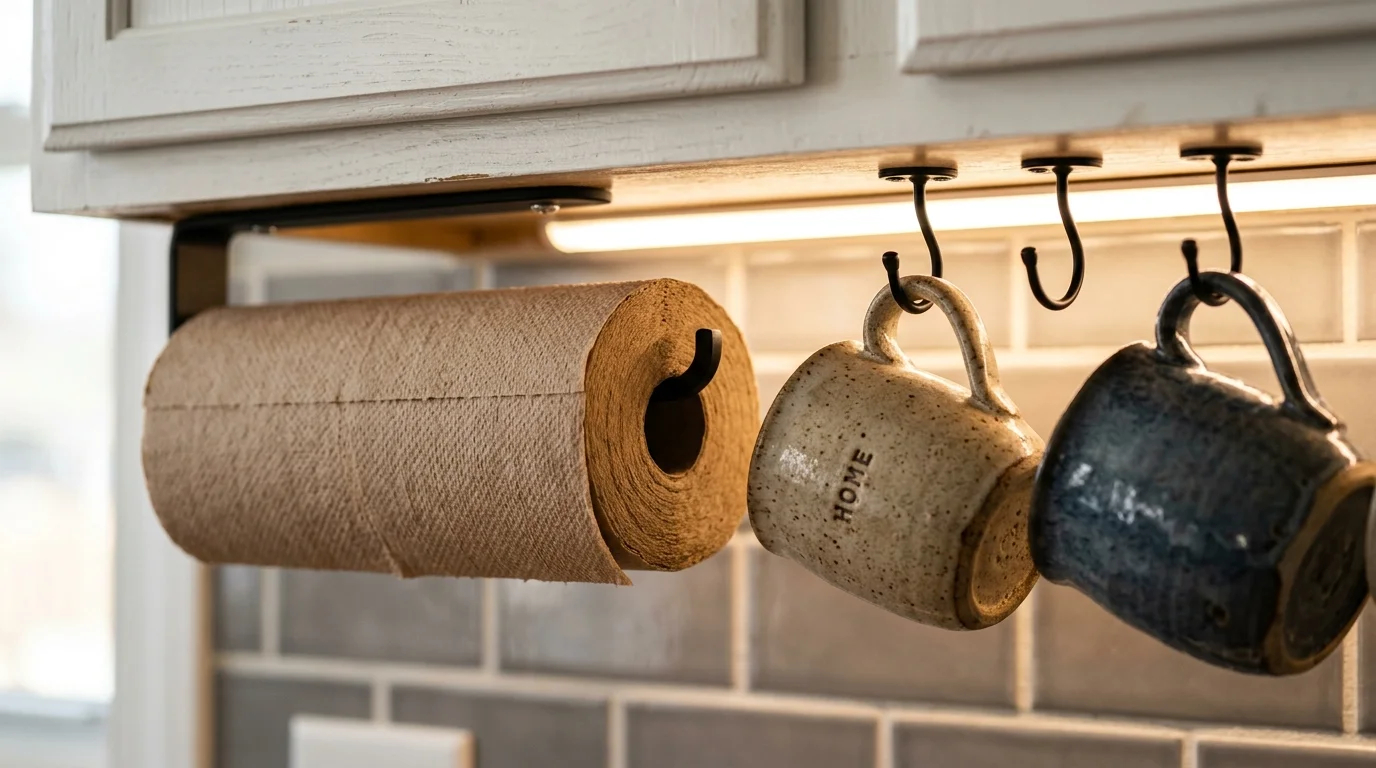 Close-up of a paper towel roll and ceramic mugs mounted to the underside of a kitchen cabinet.