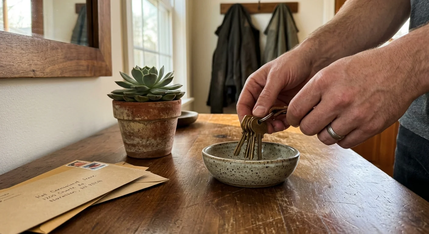 Close-up of a person's hands placing keys into a ceramic tray on a wooden entryway table in warm afternoon light.