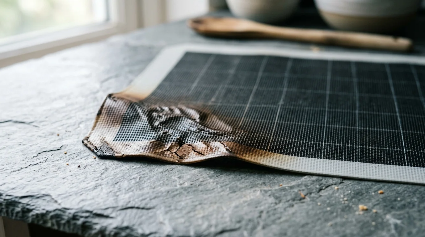 Close-up of a silicone baking mat on a grey slate counter, showing a warped, brown scorched corner from heat damage.