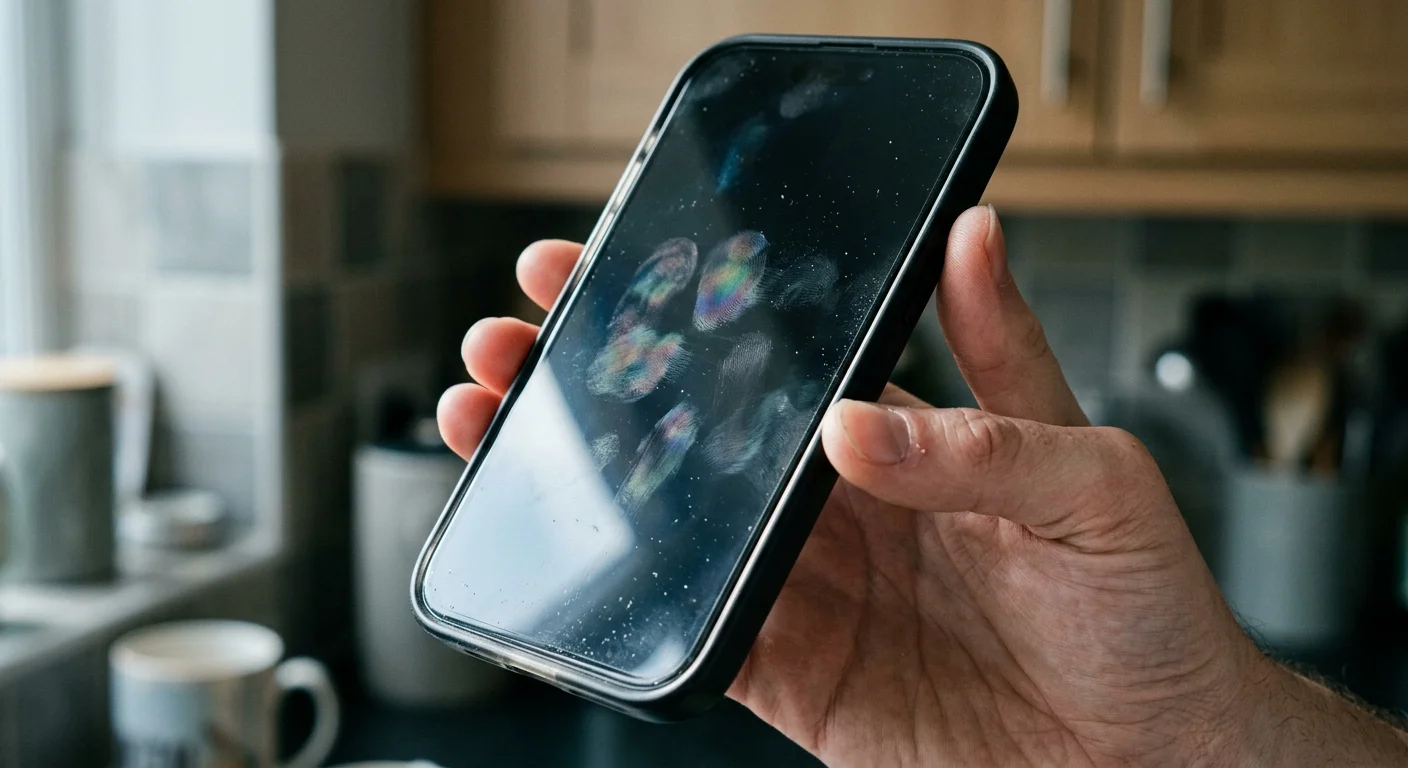 Close-up of a smartphone screen showing oily fingerprint smudges and a rainbow-like sheen under direct light.
