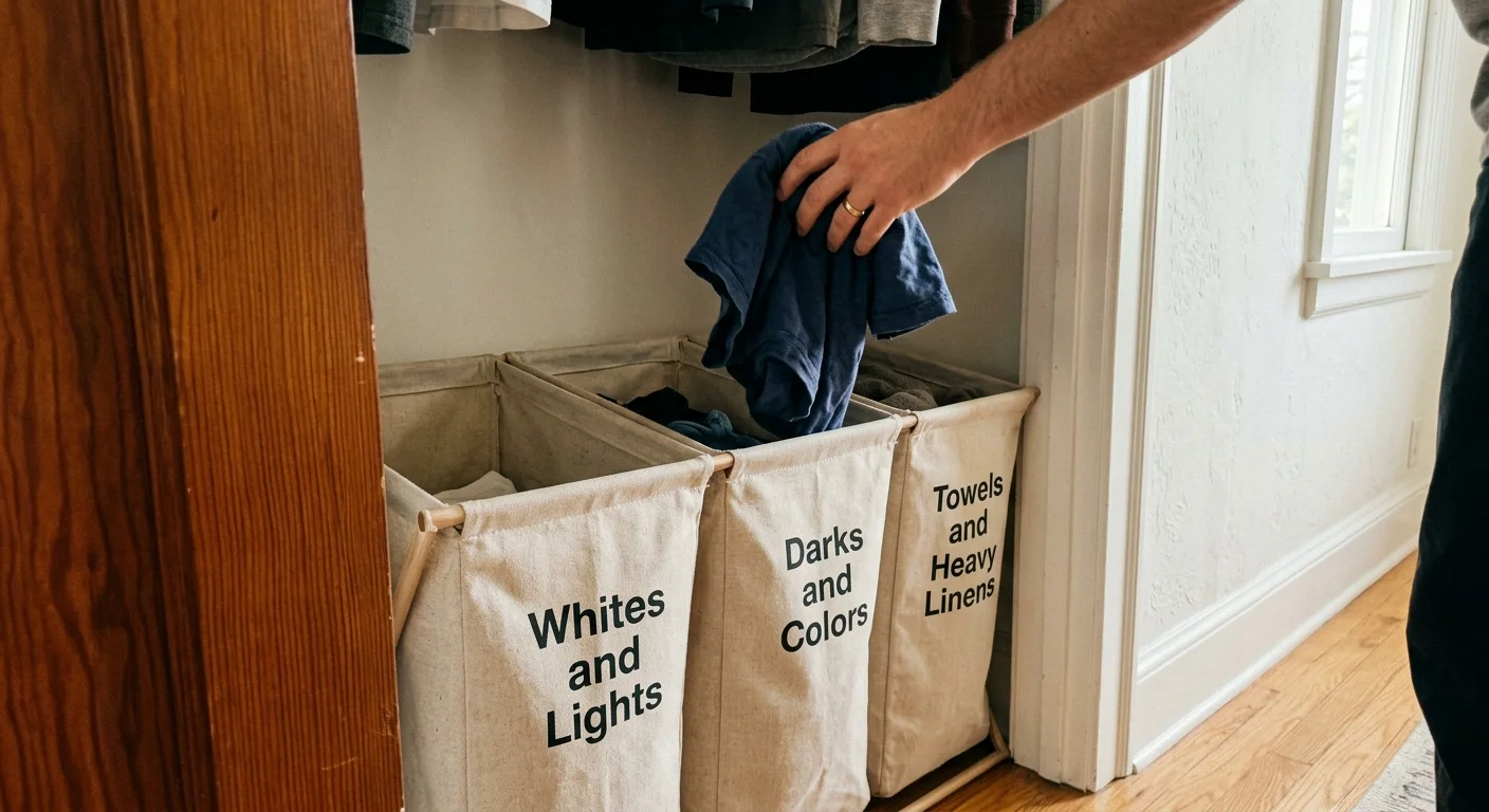 Close-up of a three-compartment sorting hamper labeled Whites and Lights, Darks and Colors, and Towels and Heavy Linens.