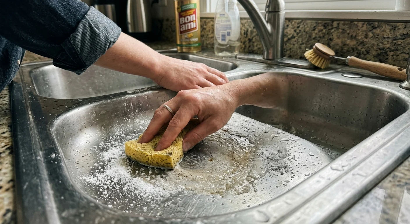 Close-up of hands applying powder cleanser to a stainless steel sink with a yellow sponge.