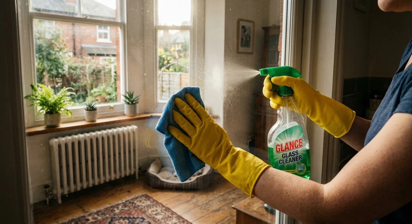 Close-up of hands in yellow gloves cleaning a windowpane with a microfiber cloth as bright daylight streams through.