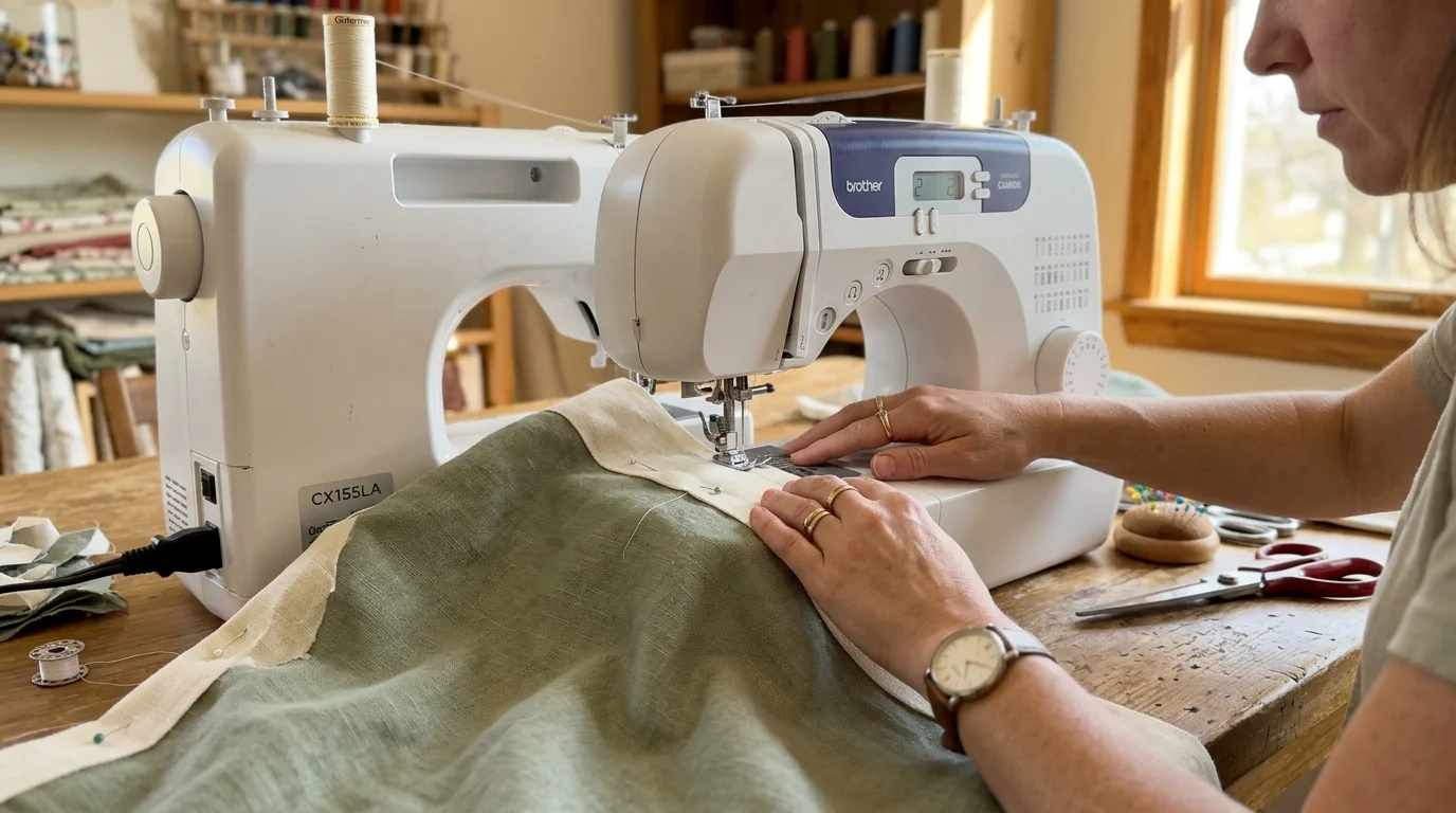 Close-up of hands sewing a contrasting fabric border to the edge of a curtain panel to make it wider.