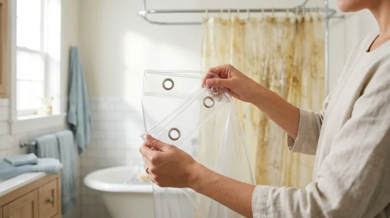 Close-up of hands unfolding a clean, new, clear shower liner in a bright bathroom, with a blurry, old yellowed liner in the background.