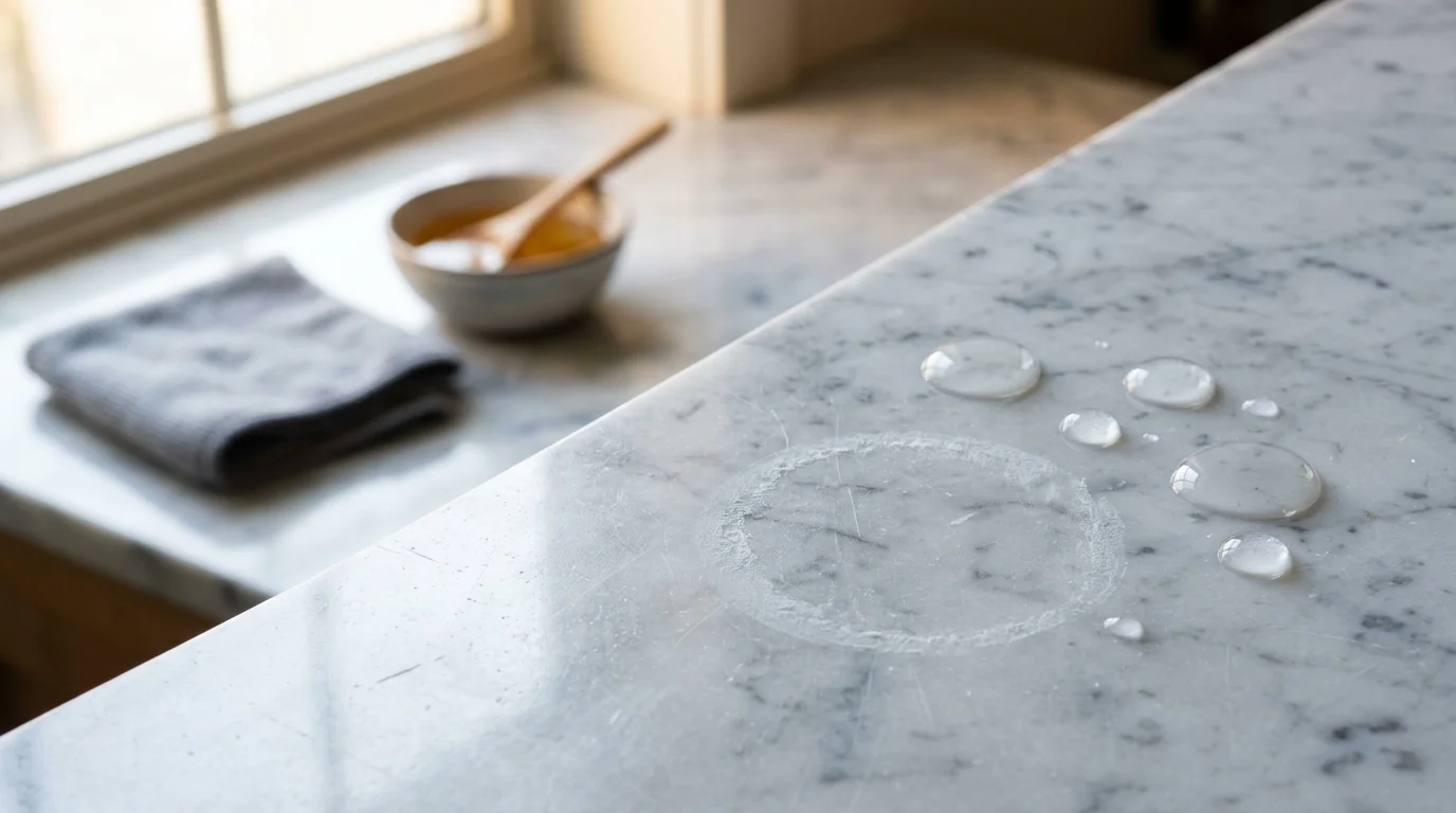 Circular etch ring and clear liquid droplets on a white marble countertop next to a gray cloth and bowl.