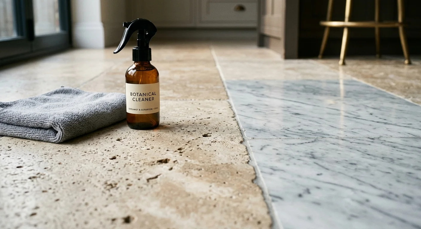 Amber spray bottle of botanical cleaner with a grey microfiber cloth on travertine and marble tile flooring.