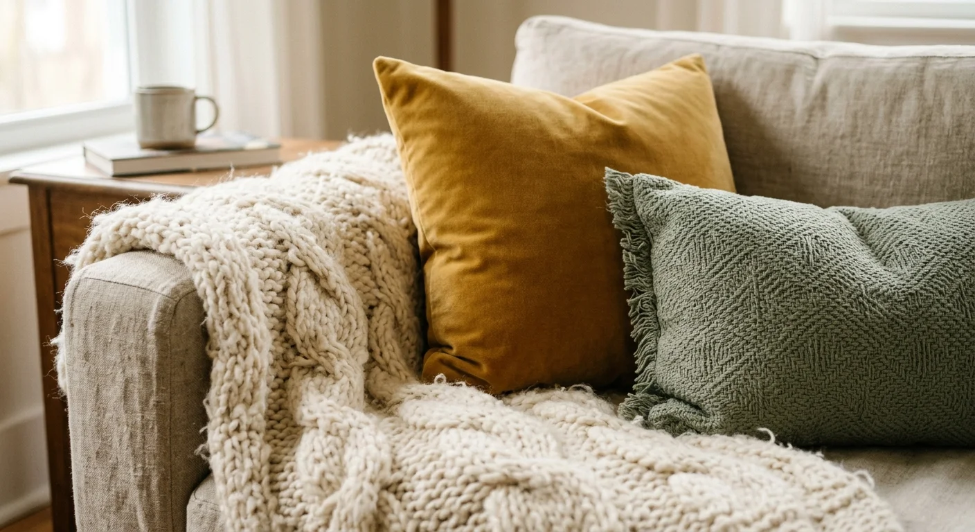 Close-up of textured textiles on a sofa, featuring a chunky knit cream blanket, mustard velvet pillow, and sage green woven pillow.