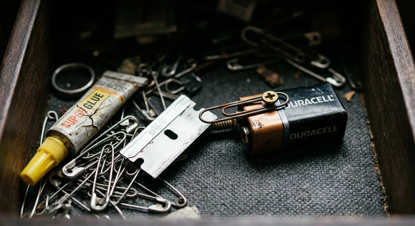Close-up photo of loose batteries touching a metal paperclip next to an unsheathed razor blade inside a dark drawer.