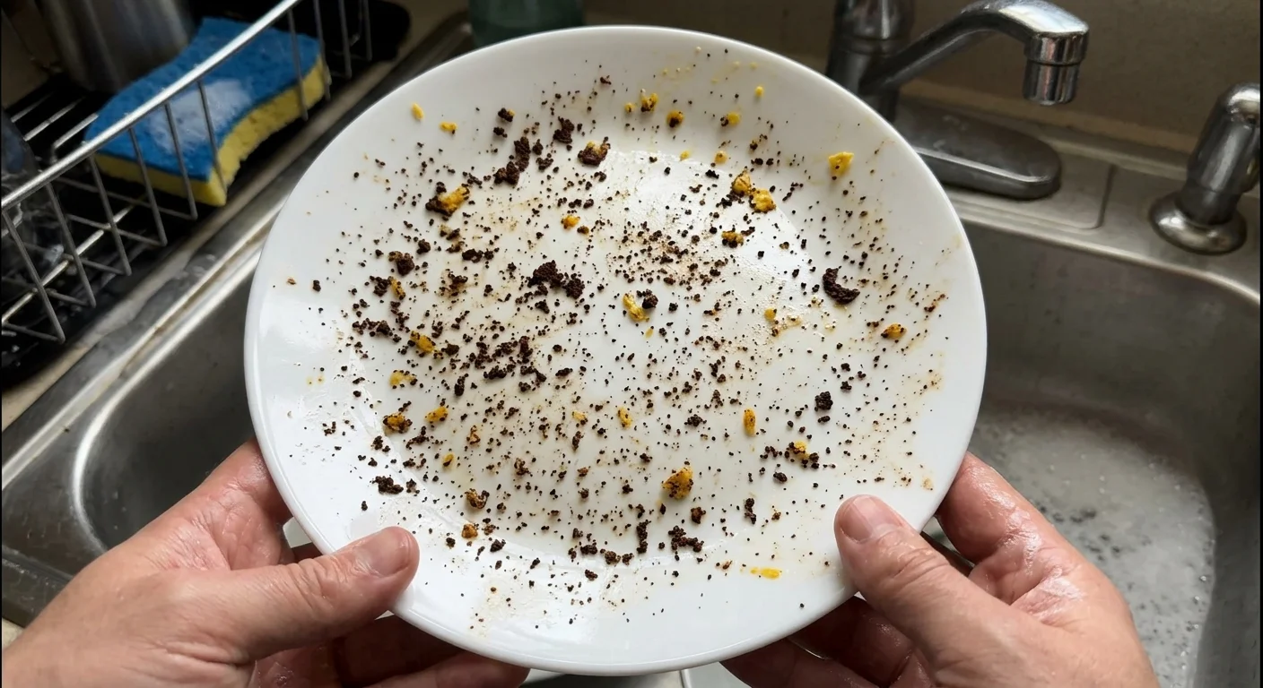 Close-up photograph of a clean white ceramic plate with tiny, dried grit and food particles baked onto its surface.