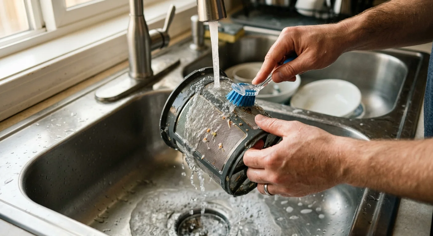 Close-up photograph of a person washing a mesh dishwasher filter under a running kitchen faucet with soapy water.