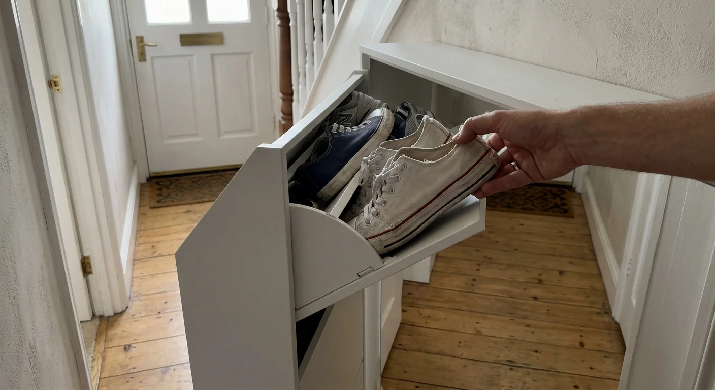 Close-up snapshot of a white, ultra-slim flip-down shoe cabinet open against a hallway wall, with shoes neatly tucked inside.