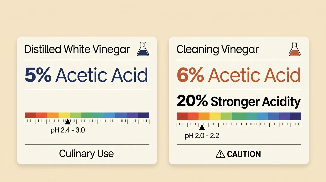 Graphic comparing distilled white vinegar with 5% acetic acid against cleaning vinegar with 6% acetic acid and pH scales.