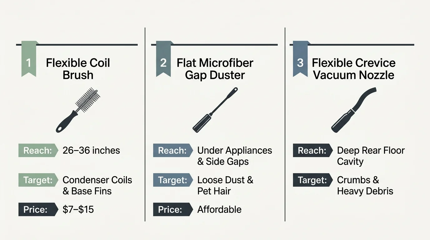 Infographic comparing reach, target area, and price for a coil brush, gap duster, and crevice vacuum nozzle.