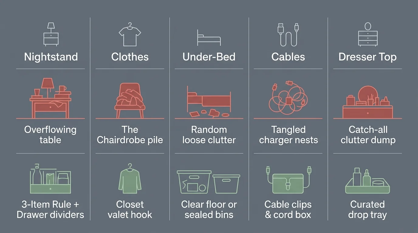 Grid diagram comparing five messy bedroom clutter habits in red against organized pro solutions in green.