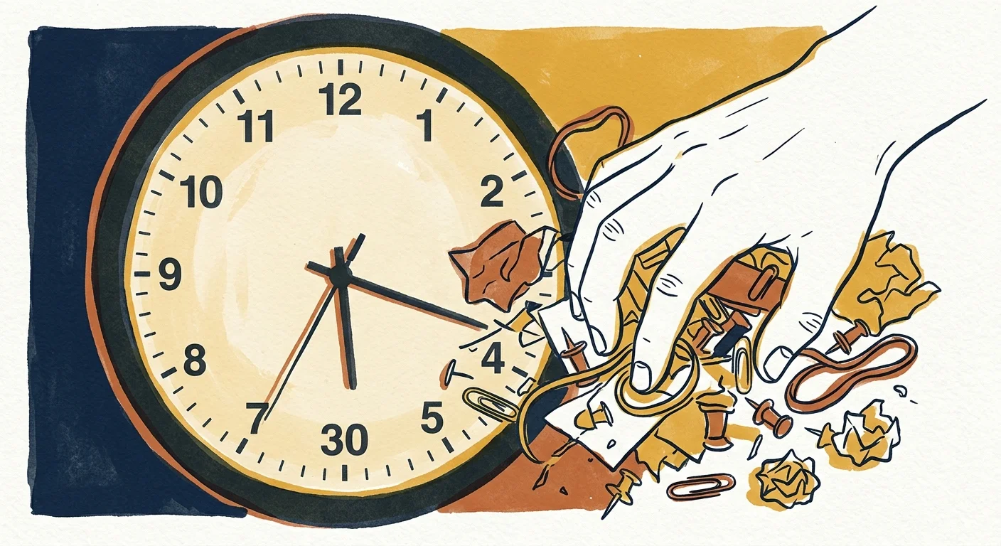 Conceptual illustration of a hand frantically searching through clutter next to a clock ticking past thirty seconds.
