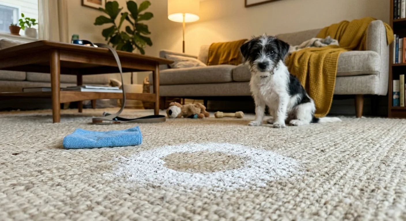 Cozy living room rug with a spot treated with baking soda, with a puppy sitting in the background.
