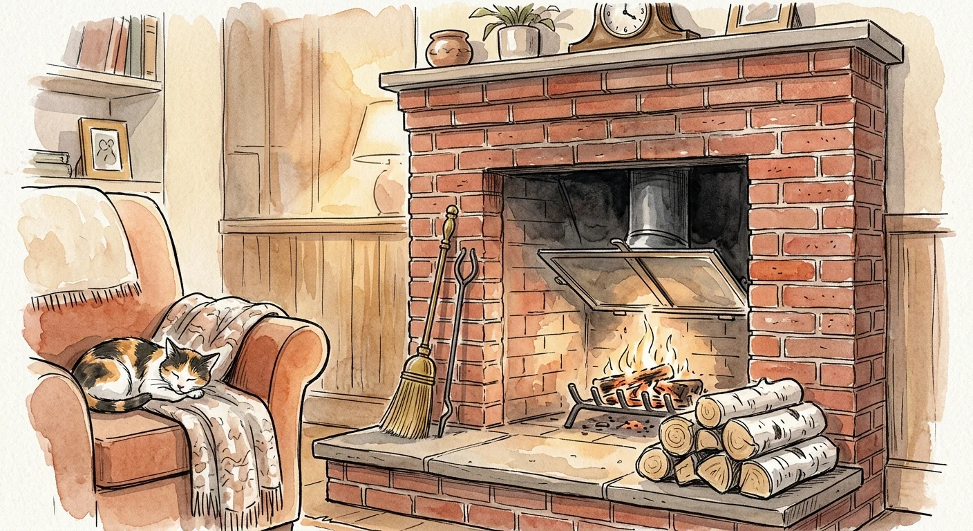 Cozy watercolor illustration of a brick fireplace hearth with a neat stack of wood, brass tools, and an open flue damper.