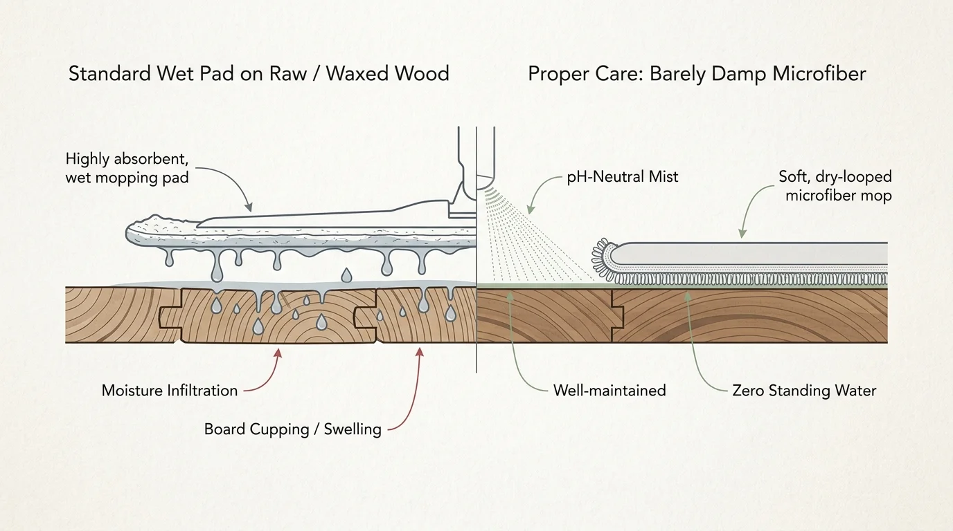 Diagram comparing a wet mop causing moisture infiltration in wood planks against a damp microfiber mop leaving zero water.