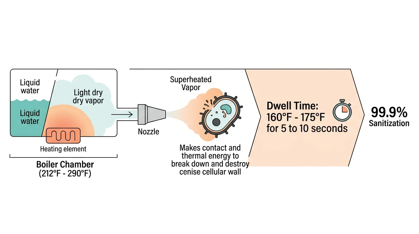 Diagram showing water transforming to superheated steam between 212 and 290 degrees Fahrenheit to sanitize pathogens.