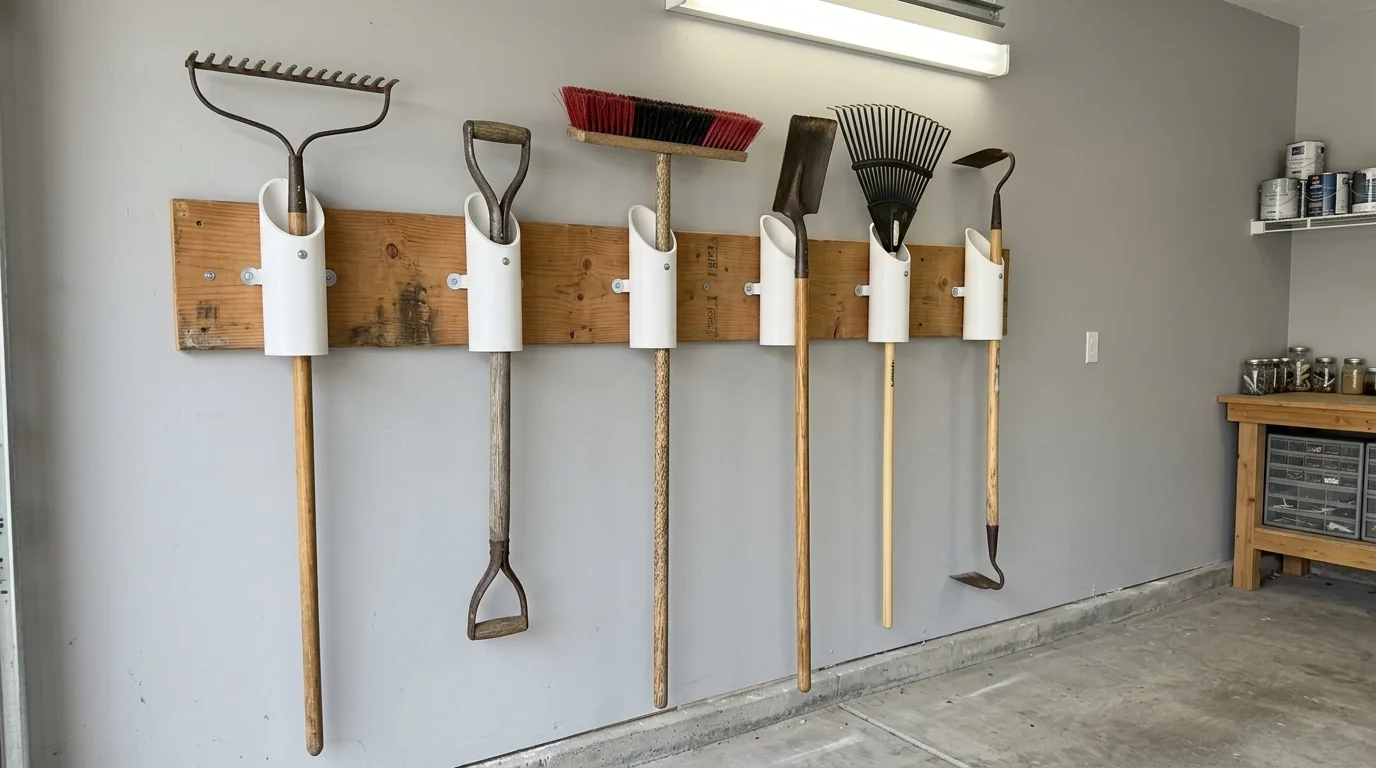 DIY tool holders made from white PVC pipe segments mounted to a wooden stud, holding shovels and rakes.
