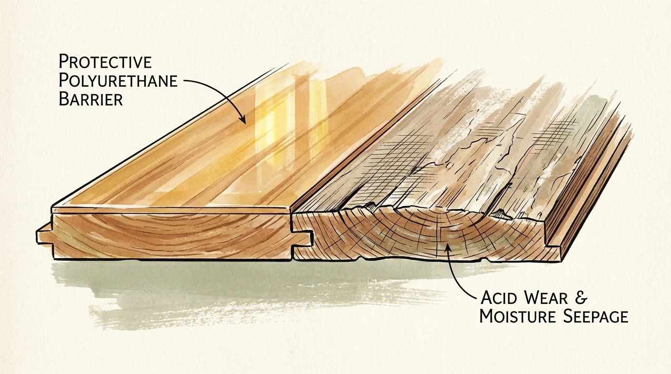 Illustration comparing a wood floor plank with a shiny protective polyurethane barrier to one damaged by acid wear.