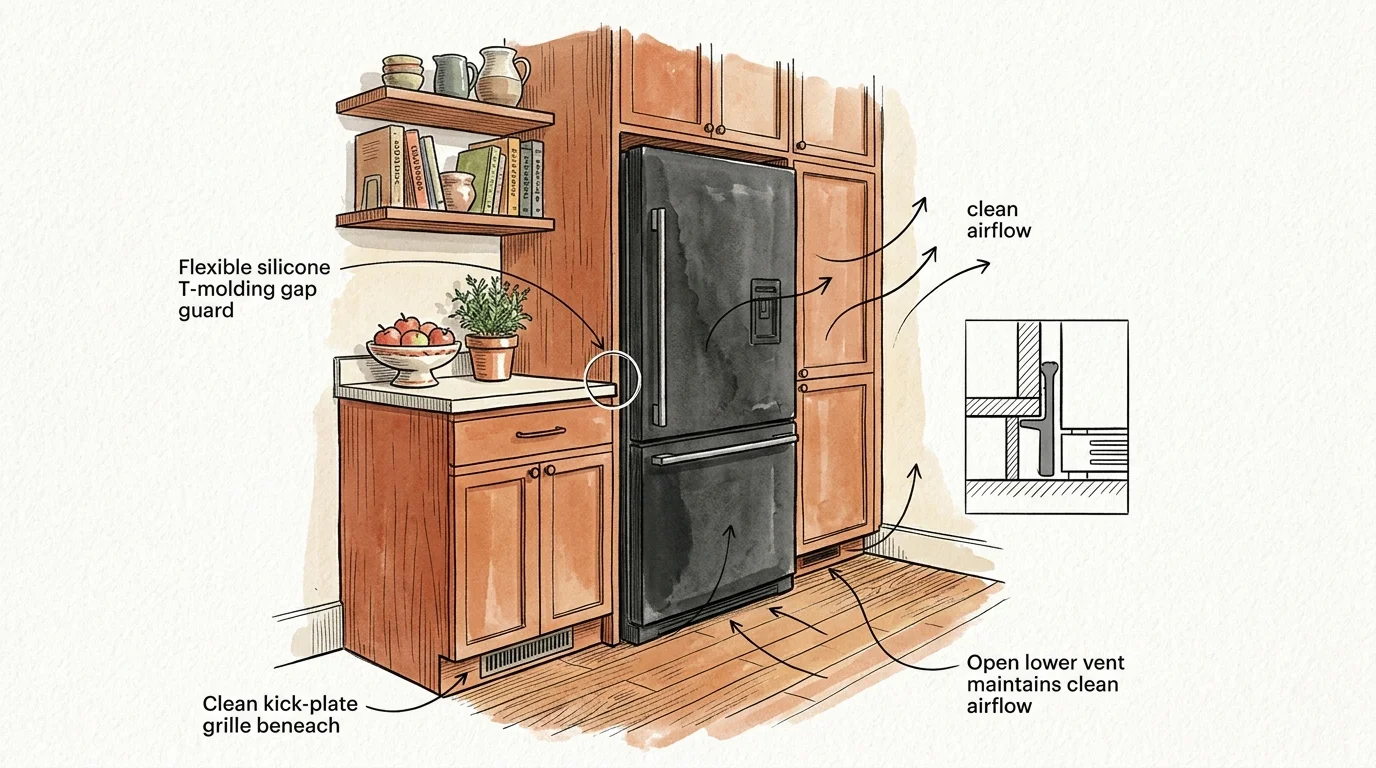 Diagram showing a refrigerator in wooden cabinetry with callouts for silicone gap guards and clean airflow paths.