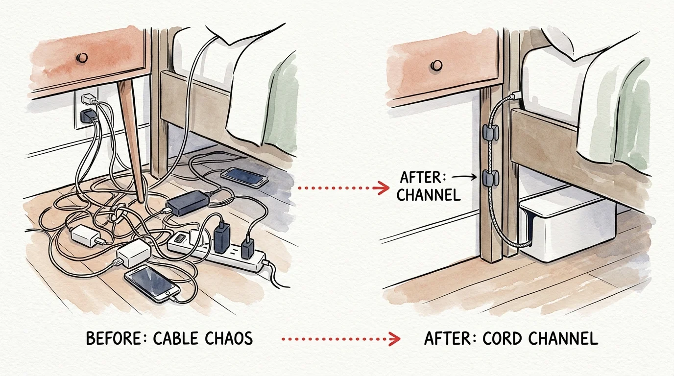 Side-by-side illustration comparing tangled bedside cords on the floor to neat cable clips and a containment box.