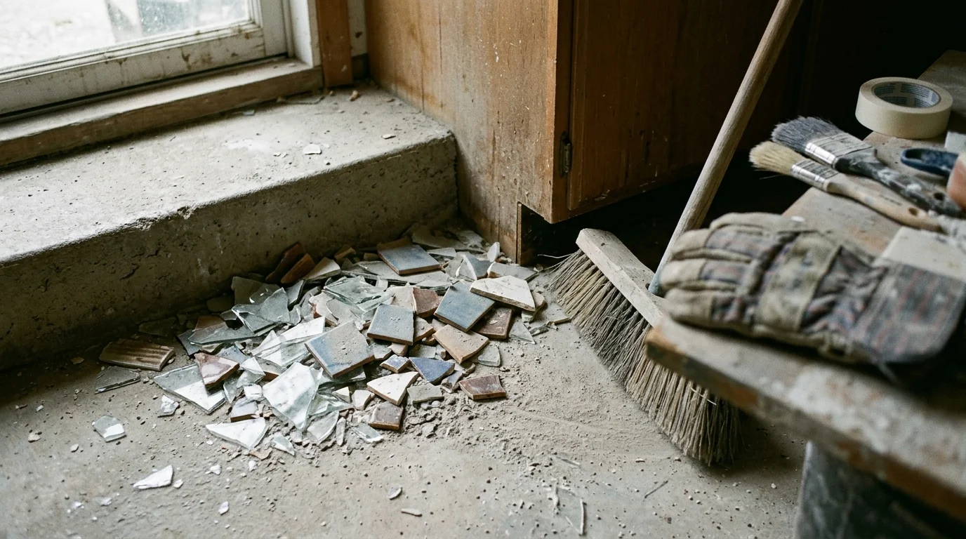 Broken glass and ceramic tile shards on a concrete floor next to a broom, paintbrushes, and work gloves.