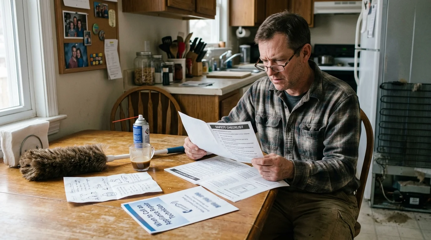 A man sitting at a wooden kitchen table reads a printed safety checklist beside a duster and paperwork.