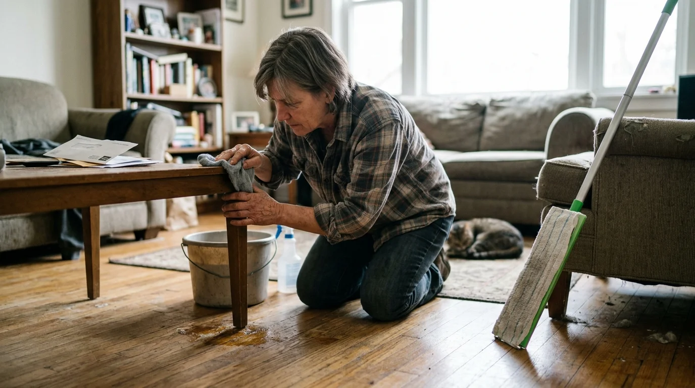 A woman kneels on a hardwood floor wiping a table leg with a rag near a bucket, spray bottle, and floor mop.