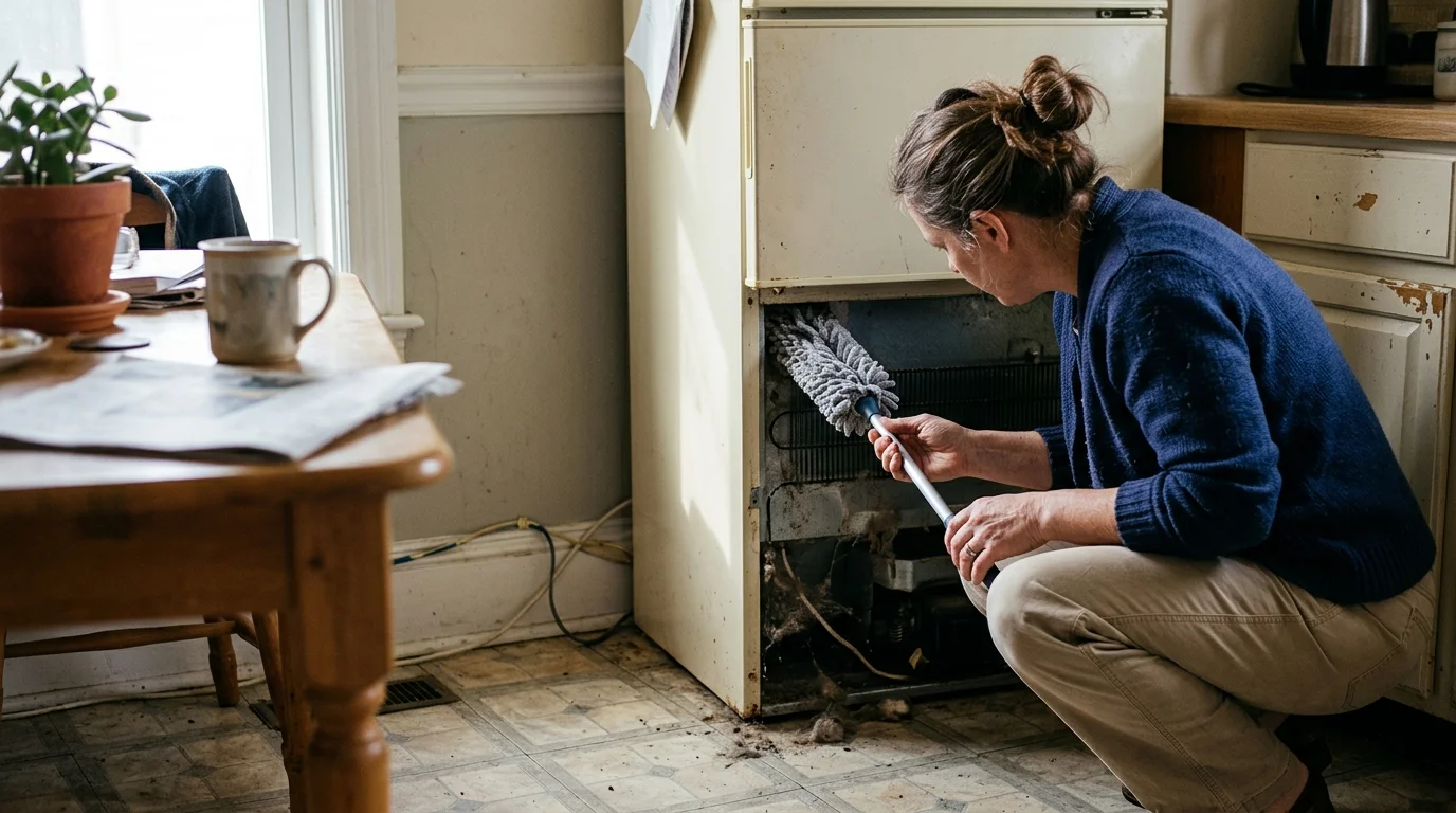 A woman crouches on a kitchen floor using a long duster wand to clean dusty coils beneath an open refrigerator panel.